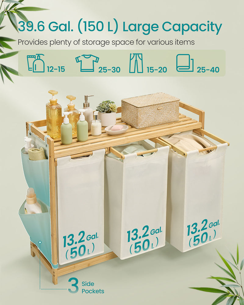 Cream White 3 Compartment Laundry Hamper 150L with Shelf and Side Pockets by Vasagle
