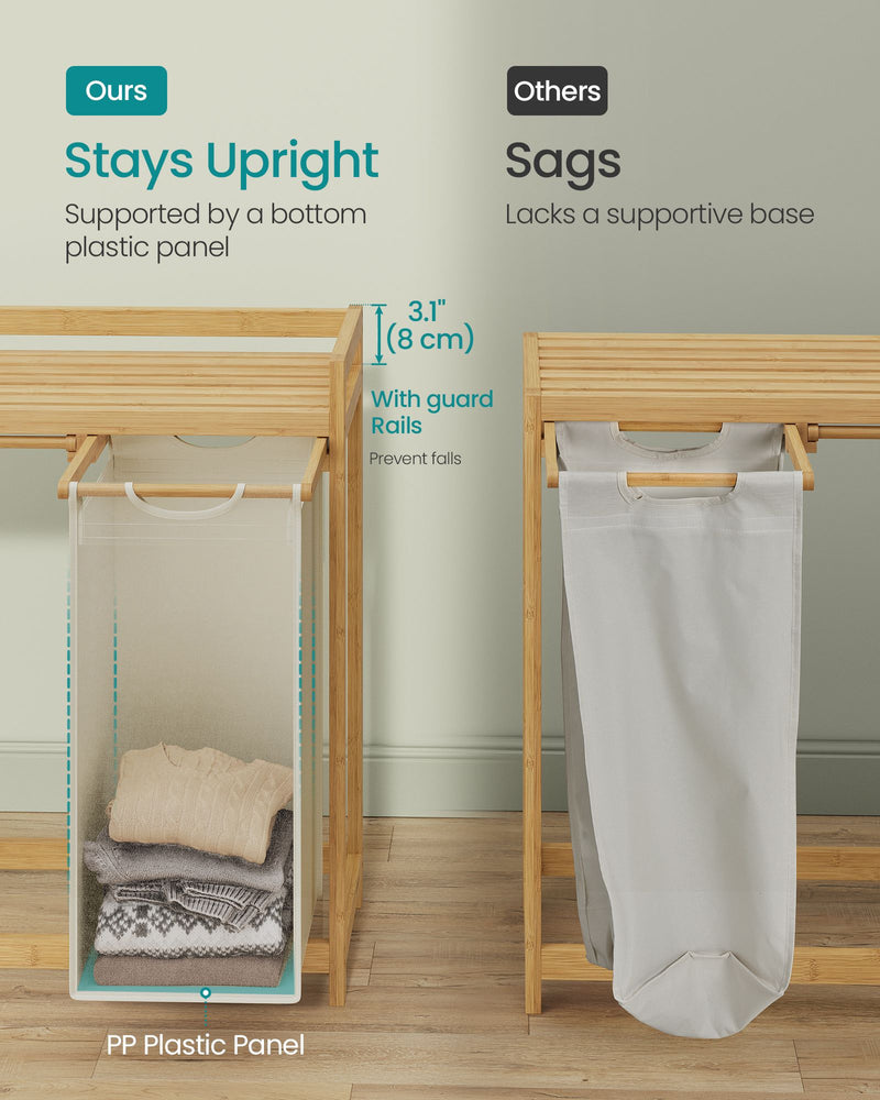 Cream White 3 Compartment Laundry Hamper 150L with Shelf and Side Pockets by Vasagle