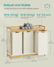 Cream White 3 Compartment Laundry Hamper 150L with Shelf and Side Pockets by Vasagle