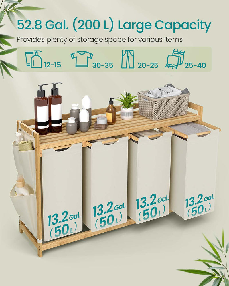 4 Compartment Laundry Basket with Shelf and Side Pockets for Organised Storage by Vasagle
