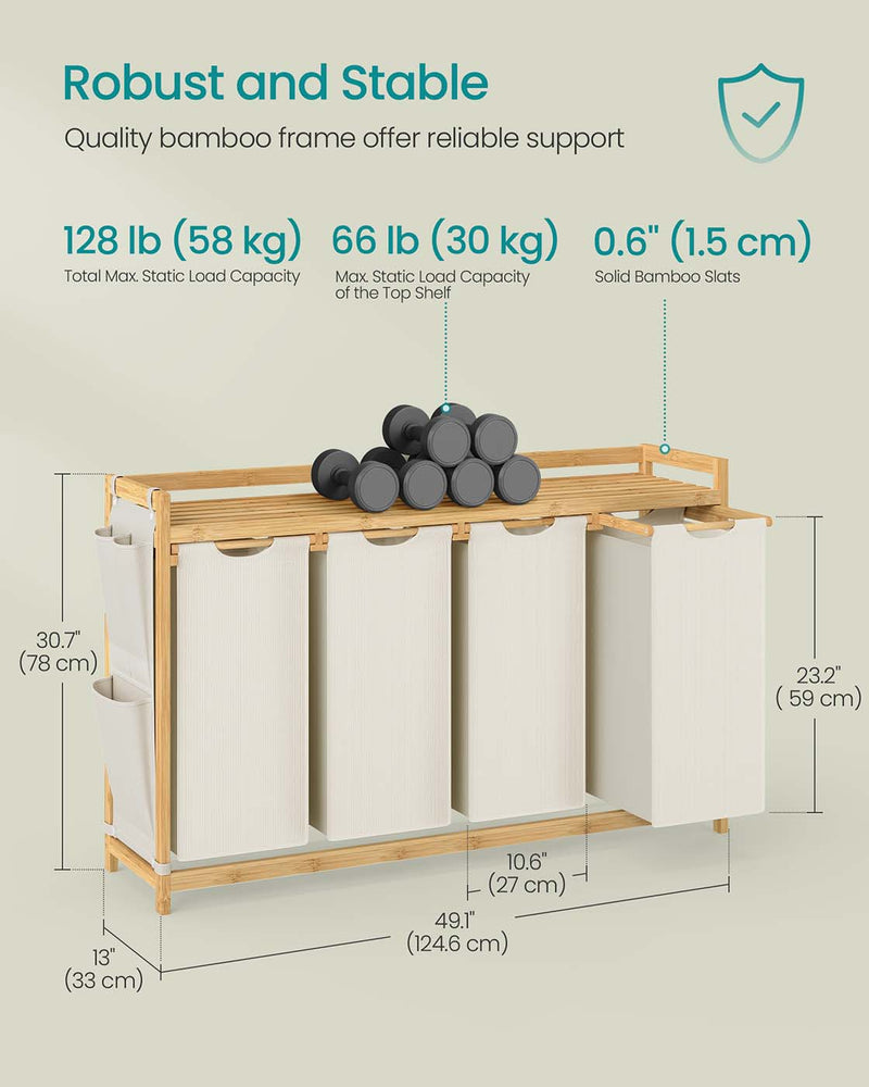 4 Compartment Laundry Basket with Shelf and Side Pockets for Organised Storage by Vasagle