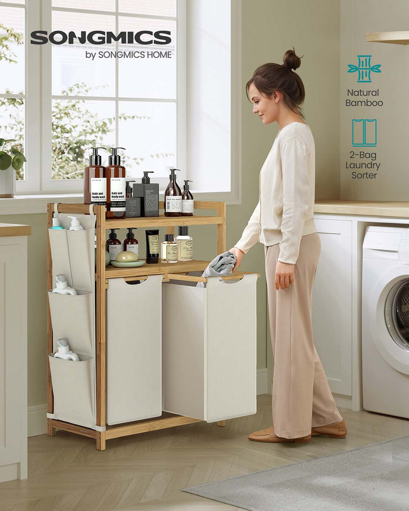 Fabric Laundry Hamper with Multiple Compartments Shelf and Side Pockets by Songmics