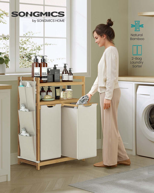 Fabric Laundry Hamper with Multiple Compartments Shelf and Side Pockets by Songmics