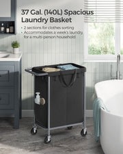 140L Black Laundry Basket with Wheels and 2 Compartments for Sorting Clothes by Songmics