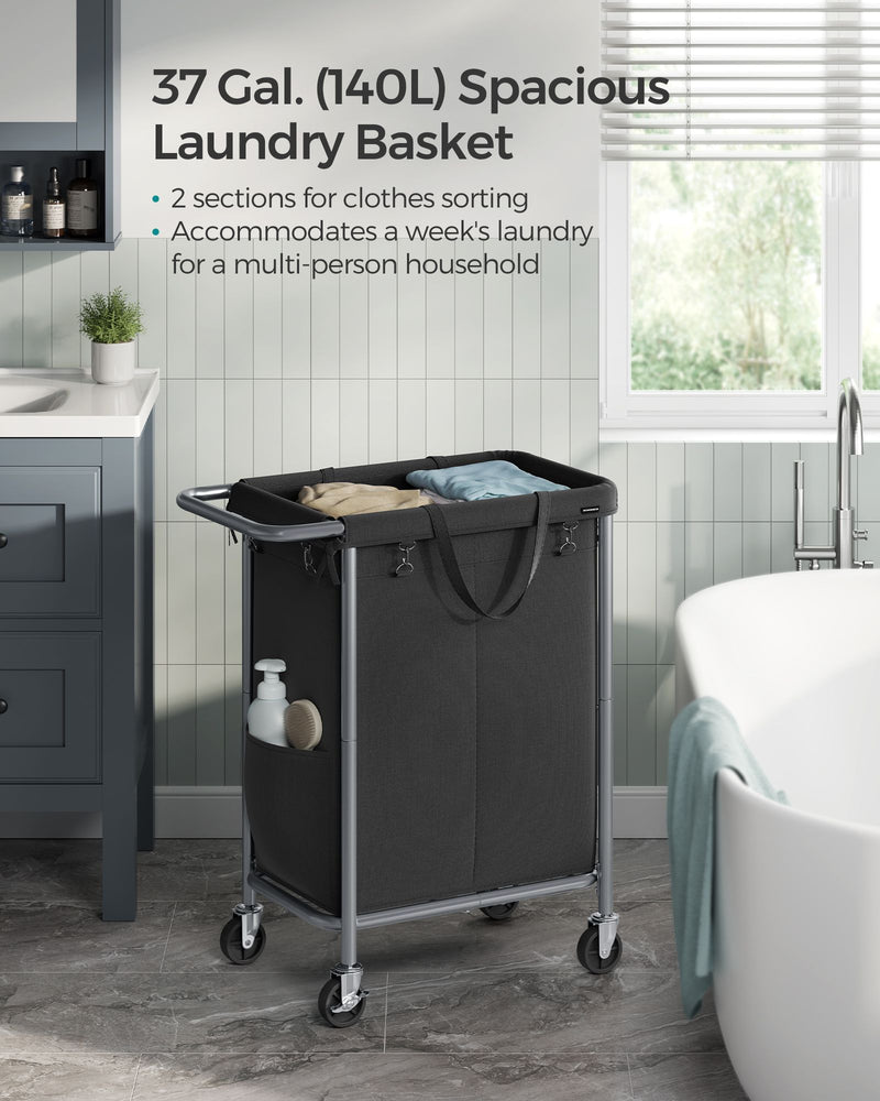 140L Black Laundry Basket with Wheels and 2 Compartments for Sorting Clothes by Songmics