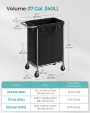 140L Black Laundry Basket with Wheels and 2 Compartments for Sorting Clothes by Songmics