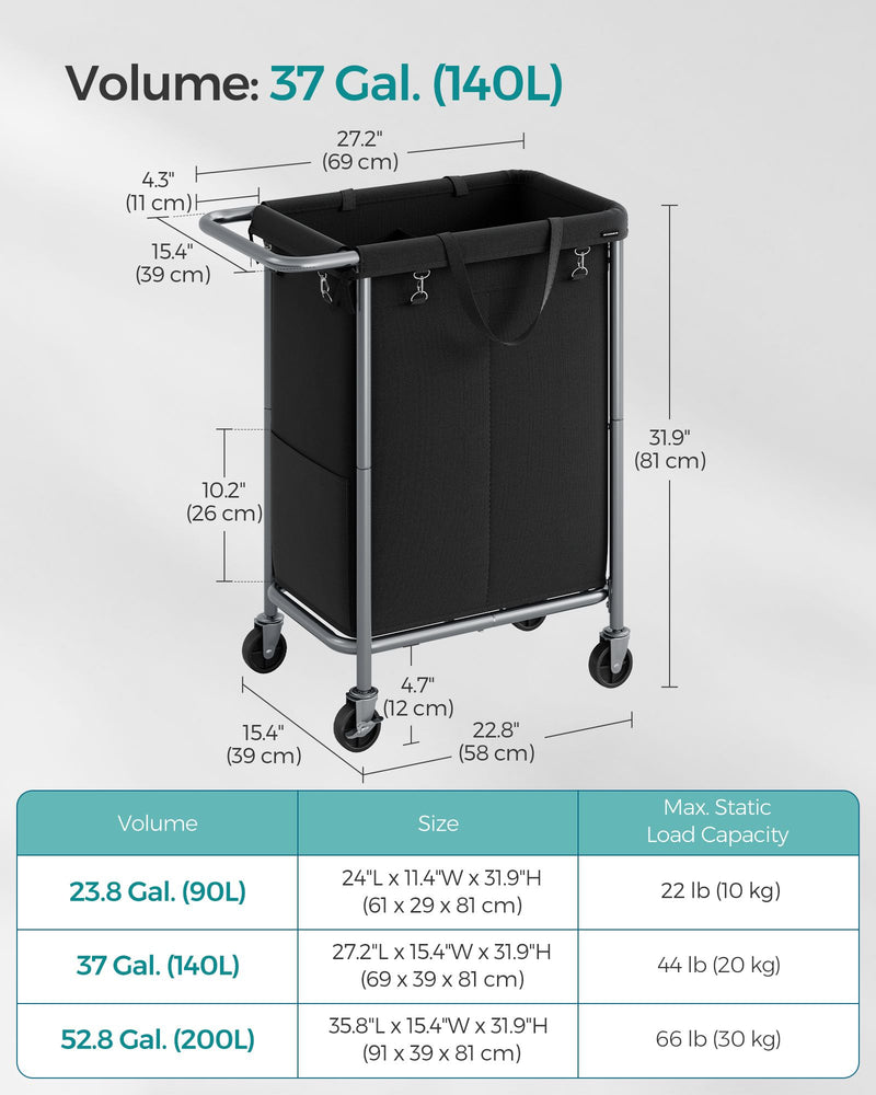 140L Black Laundry Basket with Wheels and 2 Compartments for Sorting Clothes by Songmics