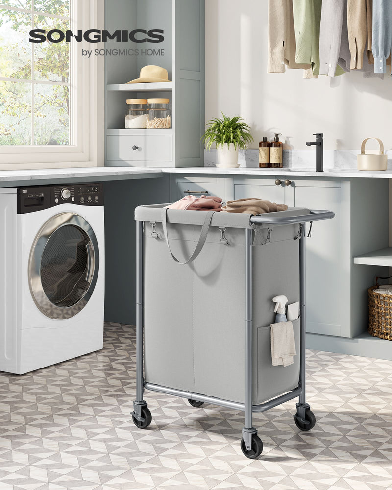 140L Two Compartment Laundry Basket with Wheels in Dove Grey for Easy Sorting by Songmics