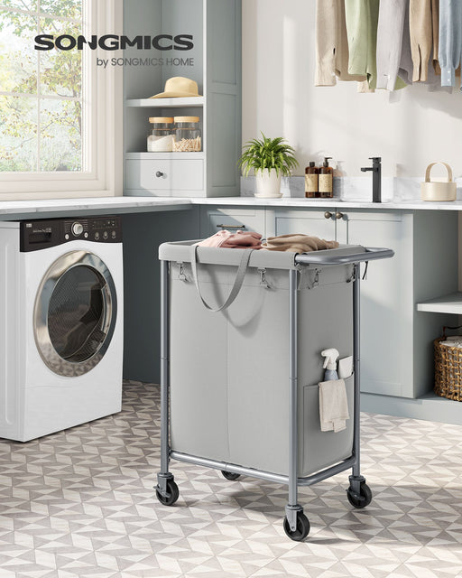 140L Two Compartment Laundry Basket with Wheels in Dove Grey for Easy Sorting by Songmics
