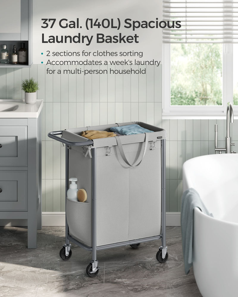 140L Two Compartment Laundry Basket with Wheels in Dove Grey for Easy Sorting by Songmics