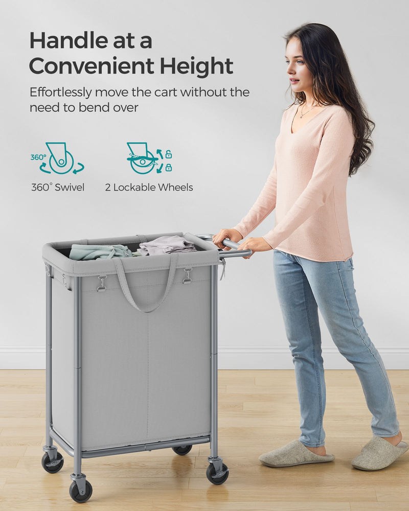 140L Two Compartment Laundry Basket with Wheels in Dove Grey for Easy Sorting by Songmics