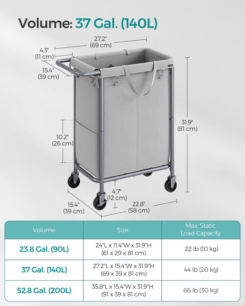 140L Two Compartment Laundry Basket with Wheels in Dove Grey for Easy Sorting by Songmics