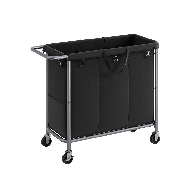 200L Black Laundry Basket with Wheels and 3 Compartments for Sorting Clothes by Songmics