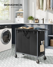 200L Black Laundry Basket with Wheels and 3 Compartments for Sorting Clothes by Songmics