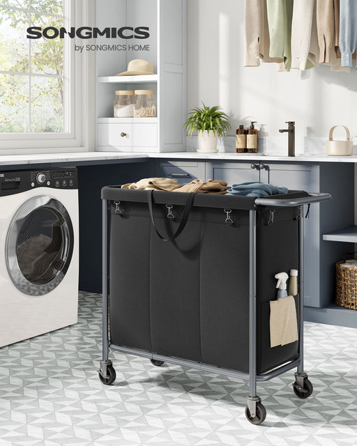 200L Black Laundry Basket with Wheels and 3 Compartments for Sorting Clothes by Songmics