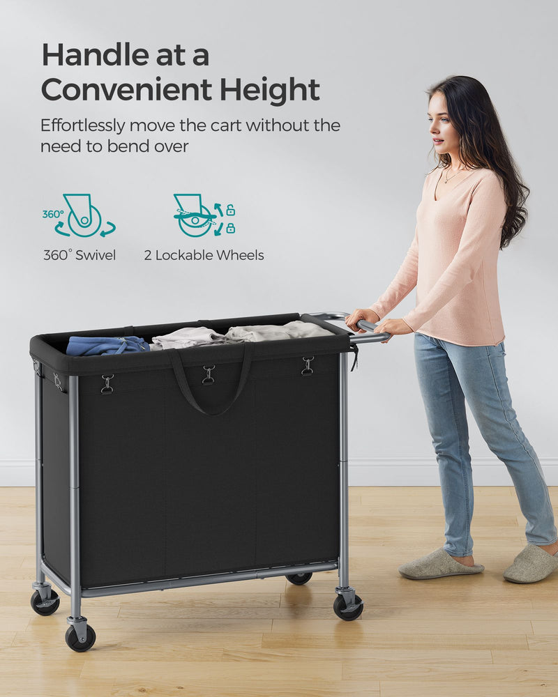 200L Black Laundry Basket with Wheels and 3 Compartments for Sorting Clothes by Songmics