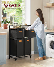 150L Rolling Laundry Hamper with Lid in Ink Black and Chestnut Brown by Vasagle