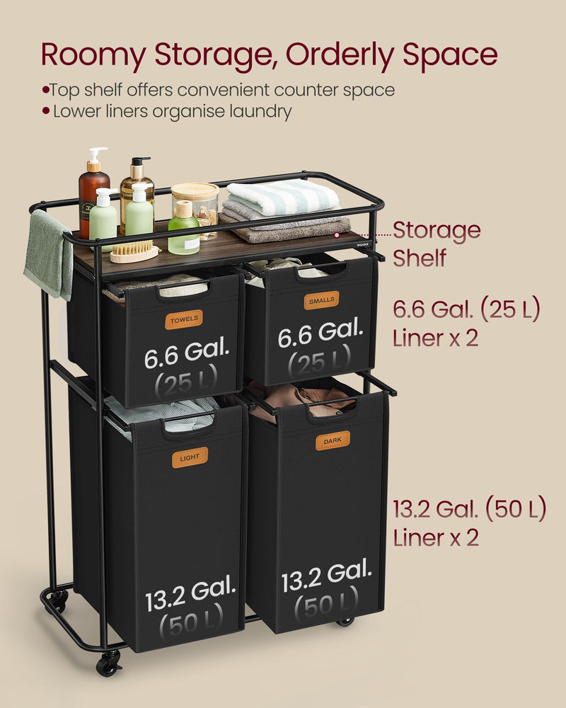 150L Rolling Laundry Hamper with Lid in Ink Black and Chestnut Brown by Vasagle