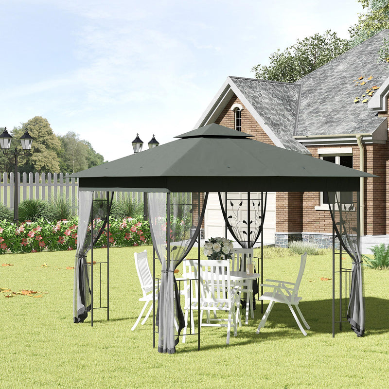 Grey 3 x 3m Steel Frame Garden Gazebo with Drapes, Double Roof for Outdoor Shade