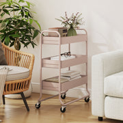 3 Tier Rolling Storage Trolley With Mesh Baskets For Kitchen Or Bathroom Use Light Pink