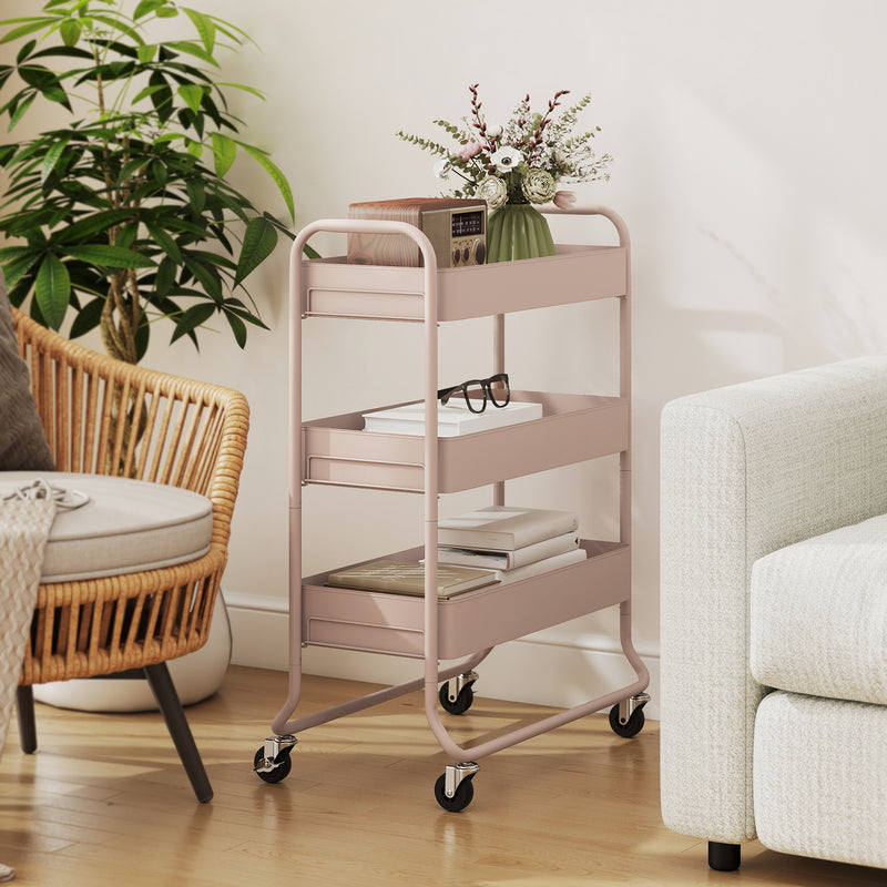 3 Tier Rolling Storage Trolley With Mesh Baskets For Kitchen Or Bathroom Use Light Pink
