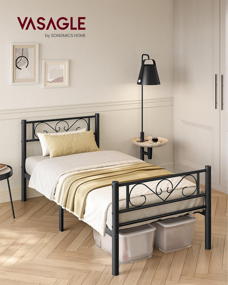 Black Single Metal Bed Frame with Headboard Sturdy Steel Slats for Small Rooms by Vasagle