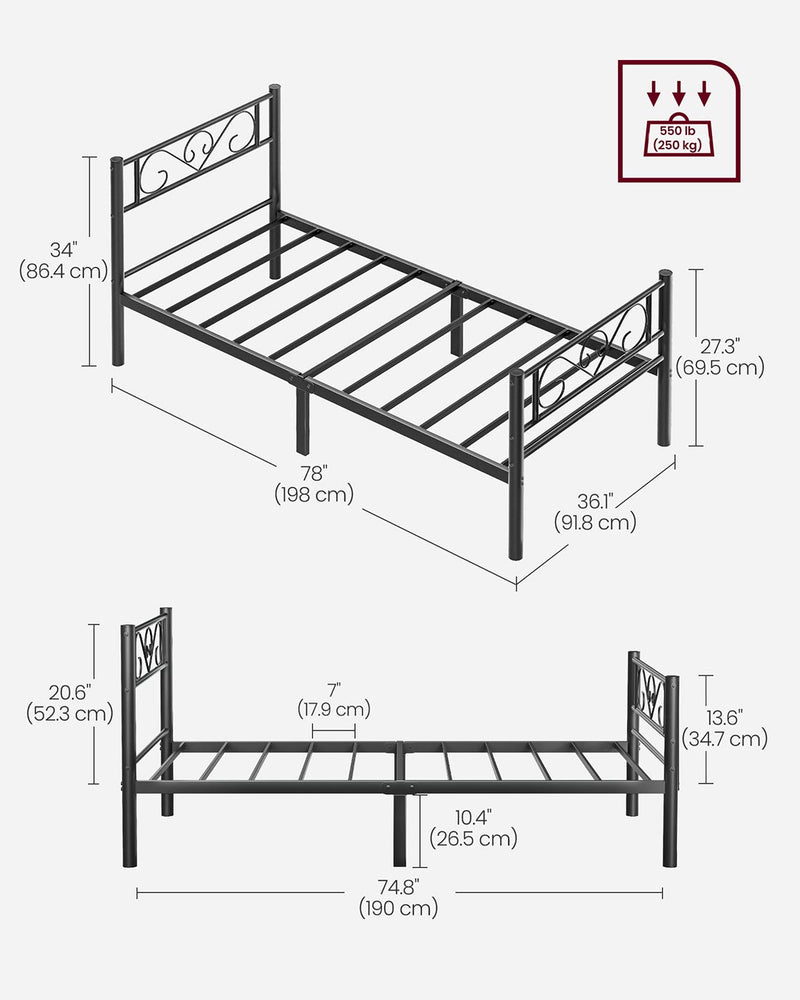 Black Single Metal Bed Frame with Headboard Sturdy Steel Slats for Small Rooms by Vasagle