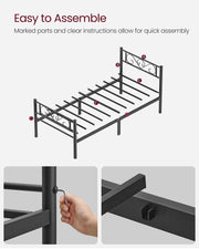 Black Single Metal Bed Frame with Headboard Sturdy Steel Slats for Small Rooms by Vasagle
