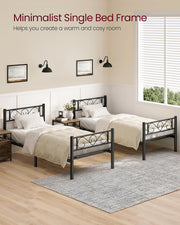 Black Single Metal Bed Frame with Headboard Sturdy Steel Slats for Small Rooms by Vasagle