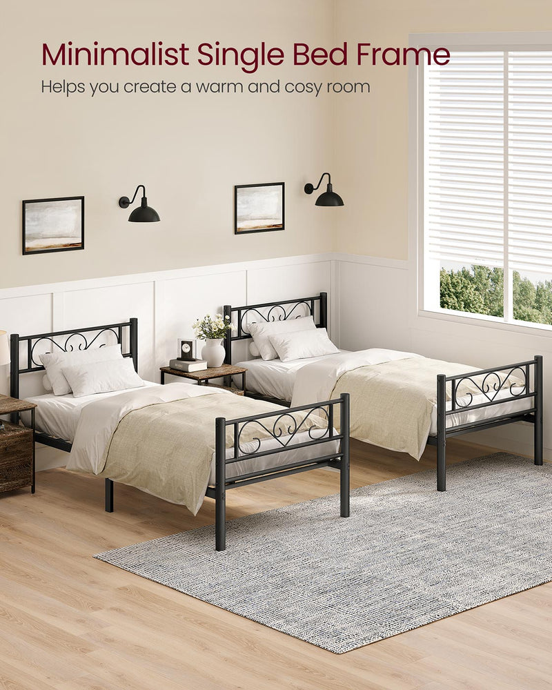 Black Single Metal Bed Frame with Headboard Sturdy Steel Slats for Small Rooms by Vasagle