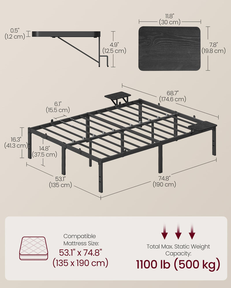 Double Metal Bed Frame with Side Shelves Easy Assembly Modern Space Saving Design by Vasagle
