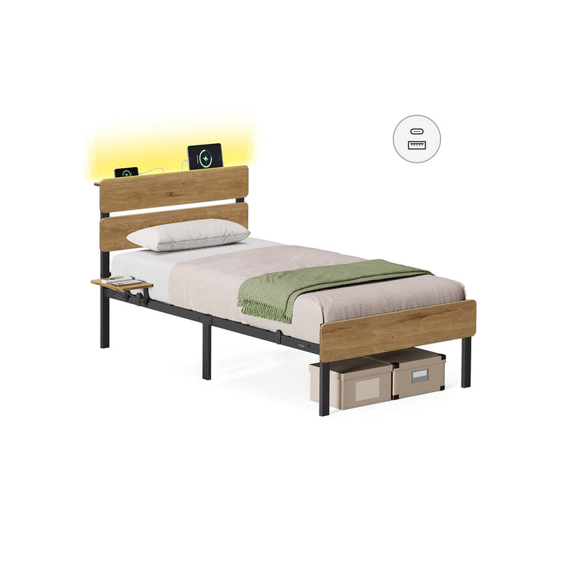 Single Steel Bed Frame with USB Ports and Storage by Vasagle in a bedroom setting
