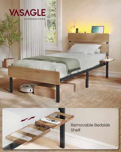 Vasagle single bed frame with storage boxes and a robot vacuum stored underneath