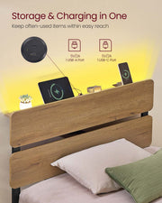Close-up of the USB-A and USB-C charging ports built into the headboard shelf
