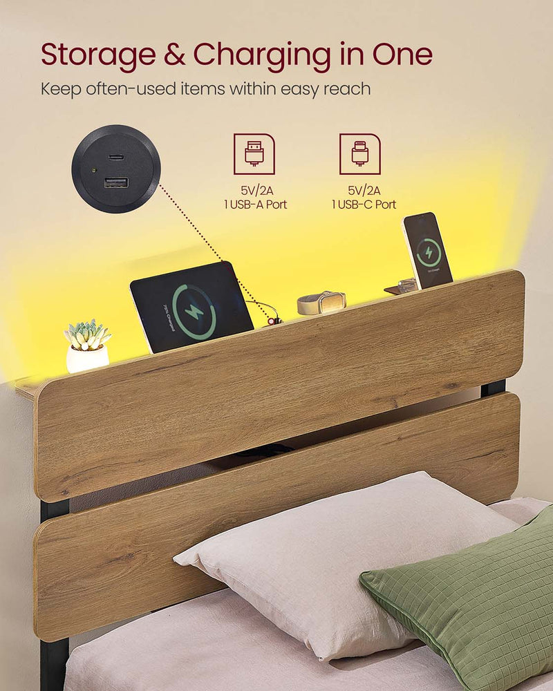 Close-up of the USB-A and USB-C charging ports built into the headboard shelf