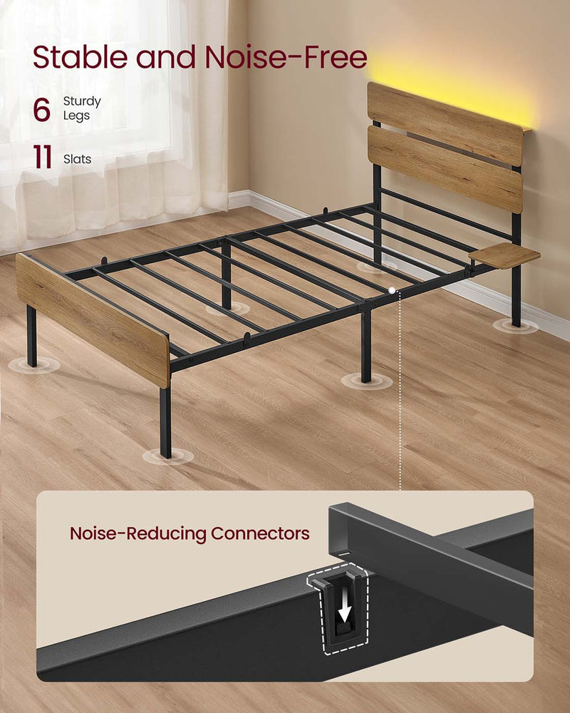 Steel bed frame structure showing the six sturdy legs and eleven support slats
