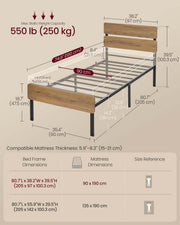 Dimension diagram showing the bed frame's 205 x 97 x 100.3 cm size and 250 kg capacity