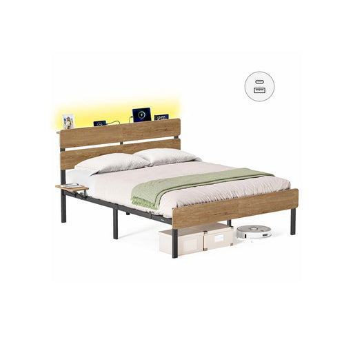 Metal Bed Frame with LED Lights USB Charging Ports and Storage Drawers by Vasagle