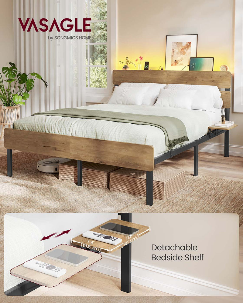 Metal Bed Frame with LED Lights USB Charging Ports and Storage Drawers by Vasagle