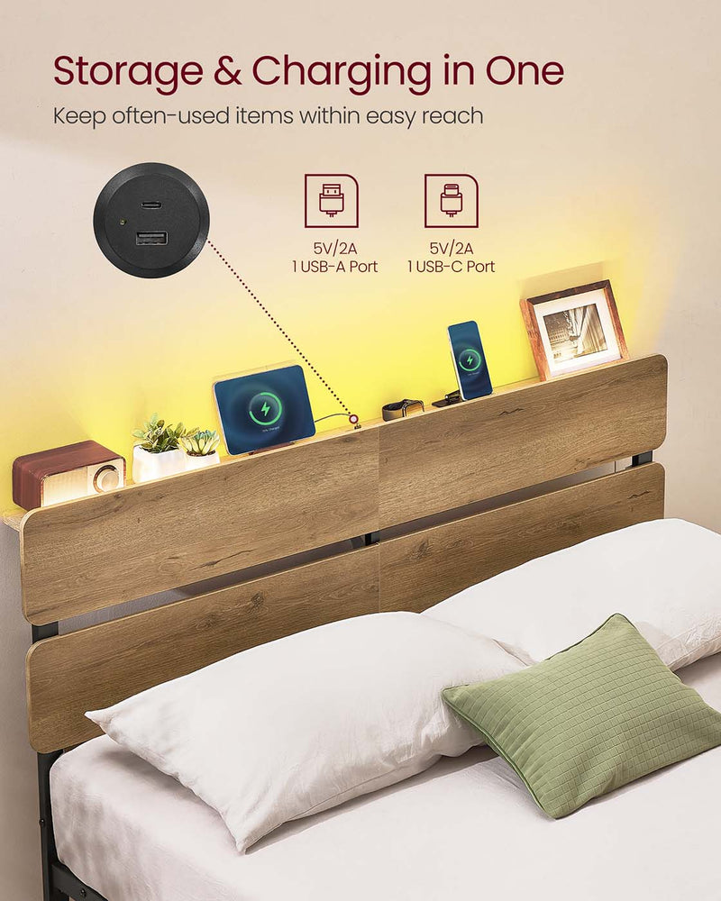 Metal Bed Frame with LED Lights USB Charging Ports and Storage Drawers by Vasagle