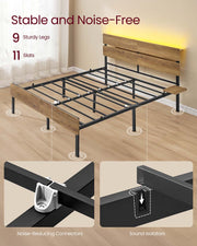 Metal Bed Frame with LED Lights USB Charging Ports and Storage Drawers by Vasagle