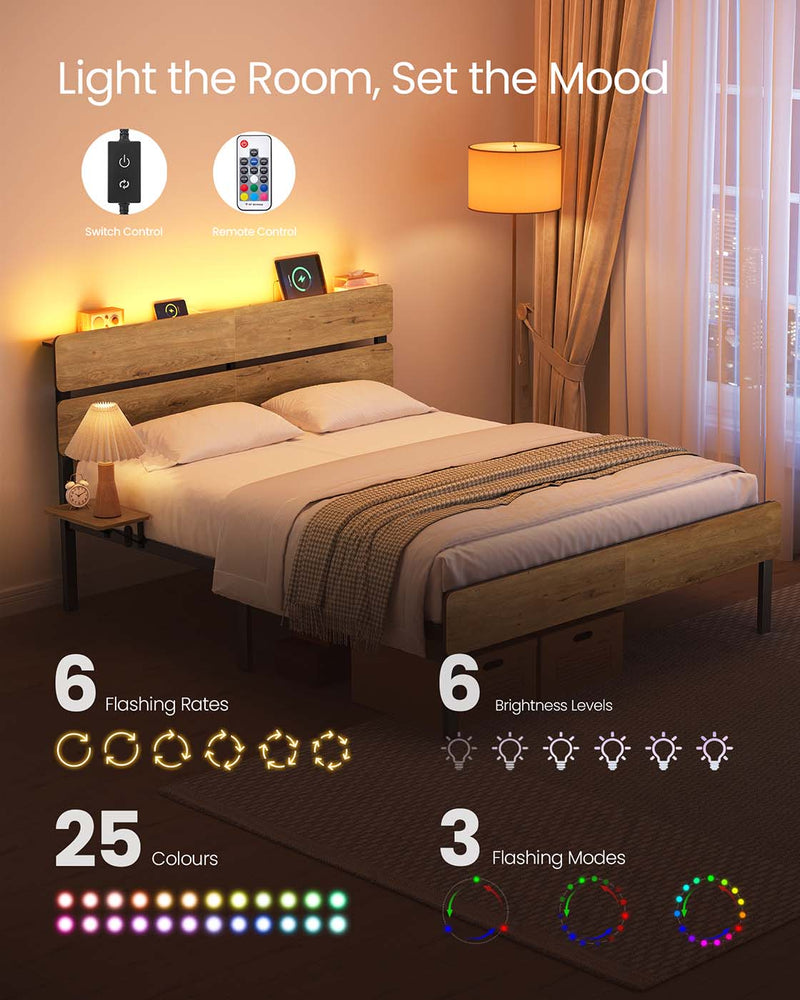 Metal Bed Frame with LED Lights USB Charging Ports and Storage Drawers by Vasagle