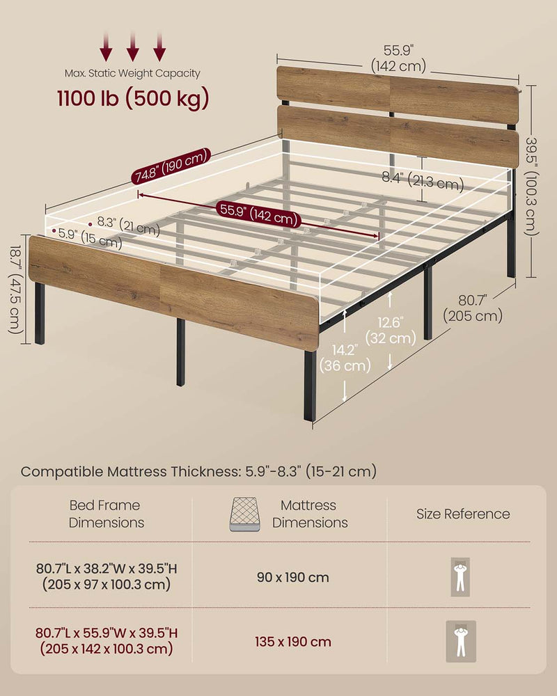 Metal Bed Frame with LED Lights USB Charging Ports and Storage Drawers by Vasagle