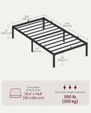 Single Metal Bed Frame 90 x 190 cm with Sturdy Base Easy Assembly in Black by Vasagle