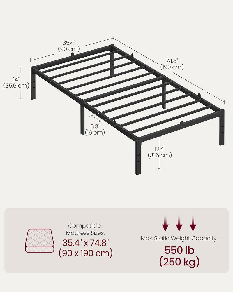 Single Metal Bed Frame 90 x 190 cm with Sturdy Base Easy Assembly in Black by Vasagle