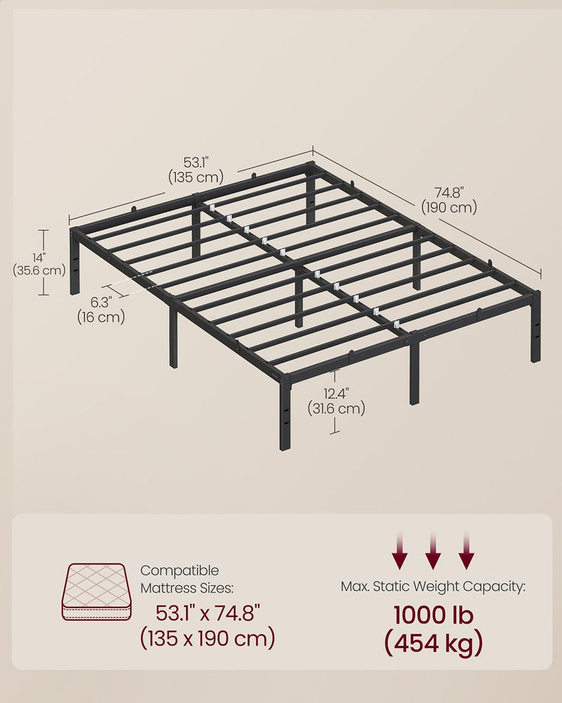 Double Metal Bed Frame 135 x 190 cm Sturdy Easy Assembly in Ink Black by Vasagle
