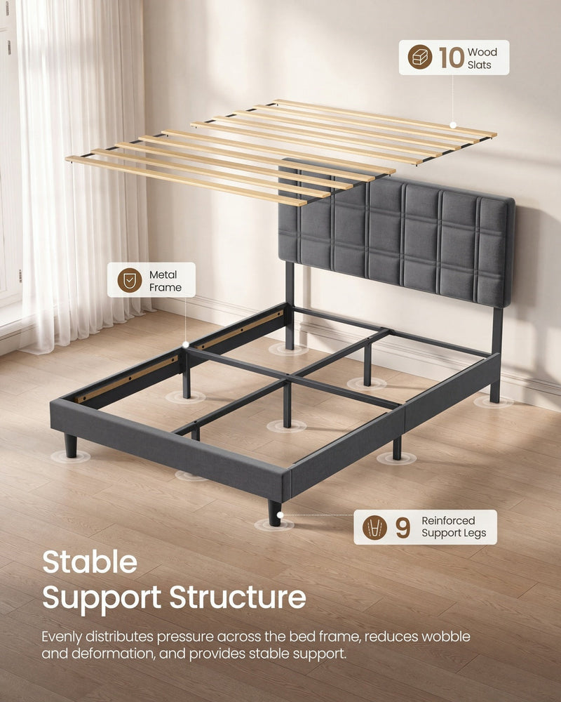 Wood slat panel lifted clear of the bed to show the metal frame, 10 wood slats and 9 reinforced support legs