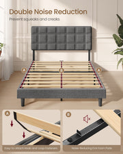 Bed base with slats marked to show hook-and-loop fasteners and noise-reducing foam pads