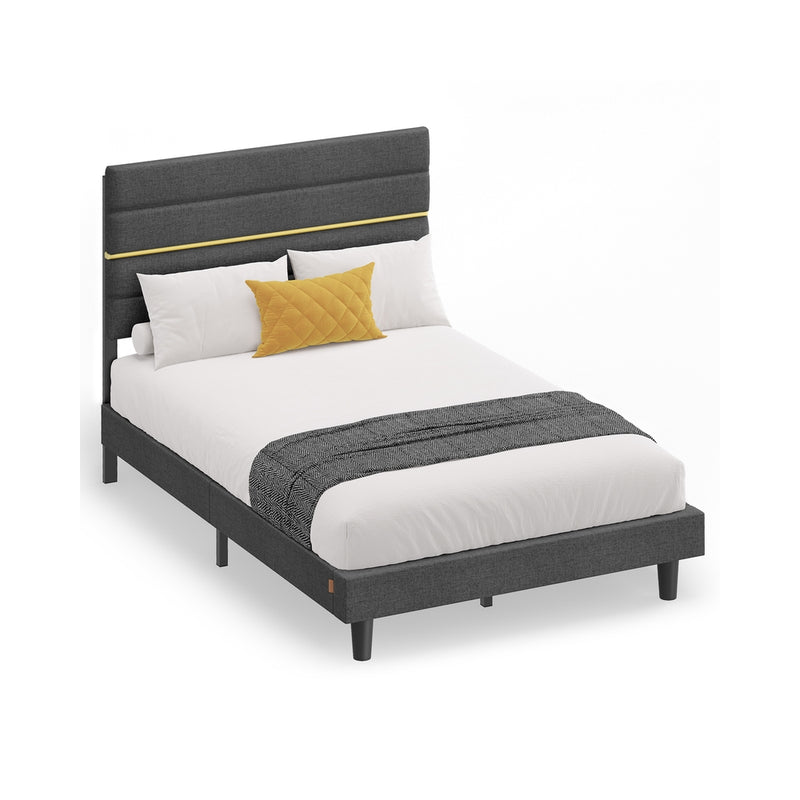Small Double Bed Frame with Grey Upholstered Headboard For Modern Bedrooms VASAGLE