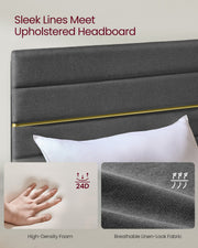 Small Double Bed Frame with Grey Upholstered Headboard For Modern Bedrooms VASAGLE